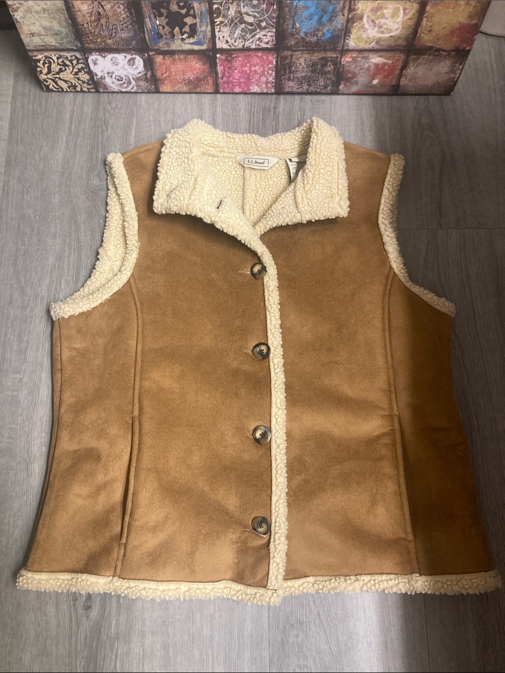 VTG L.L BEAN Faux Suede Sherpa Fleece Lined Vest Button Front Womenβs Size L